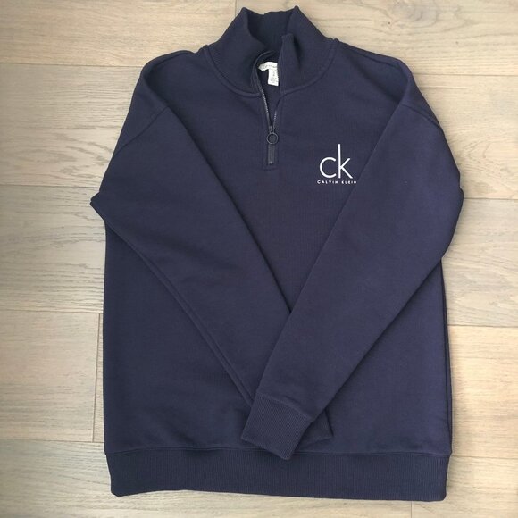 Calvin Klein Jeans 1/4 Zip Hi Collar Sweatshirt Top Navy w Wht Gry Logo Size S - Picture 1 of 9